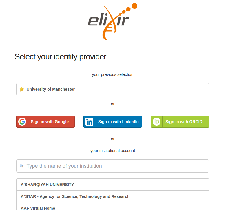 ELIXIR AAI identity provider selection