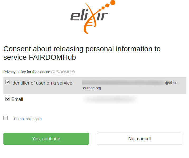 ELIXIR AAI personal information consent page
