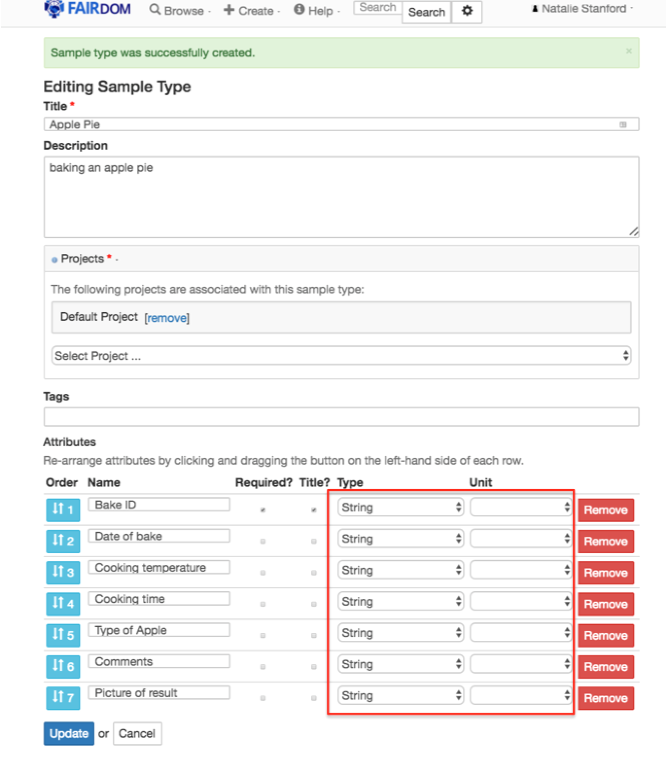 sample type attributes from template